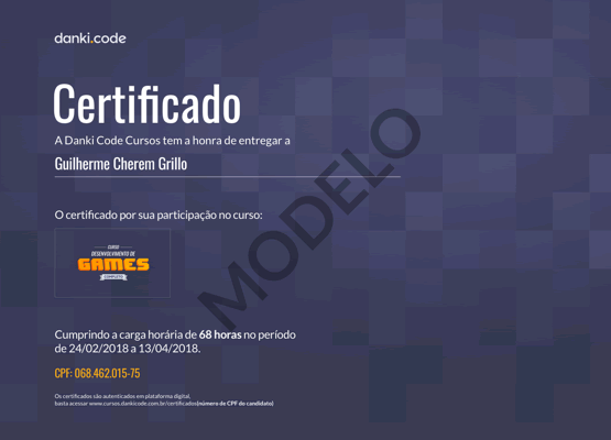Certificado Curso Desenvolvimento de Games